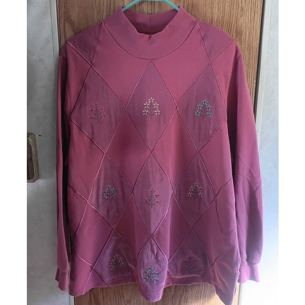 Vintage Mauve Quilted Pullover 1X Embroidered Floral Beaded Velour Diamond